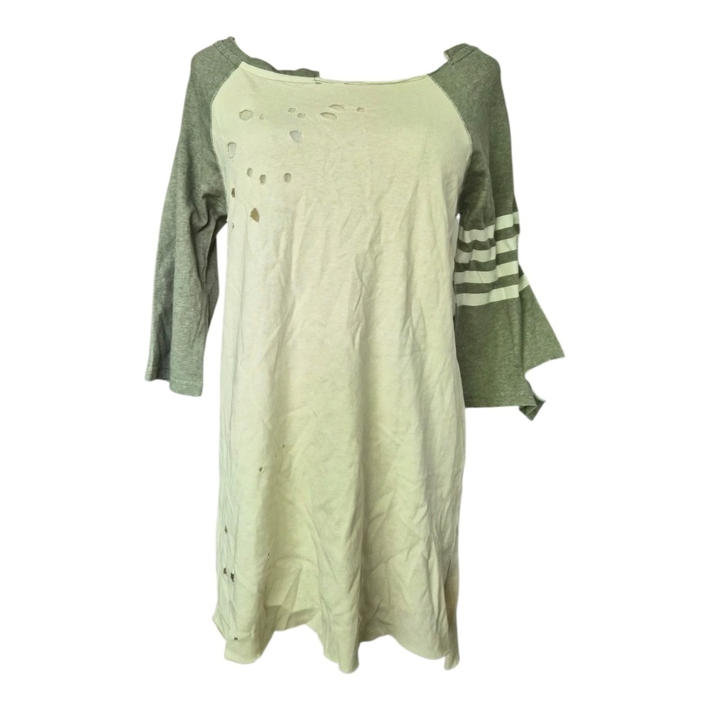 POL Distressed Oversized Tunic Top Small Cream Green Grunge‎ Raw Hem Boho S